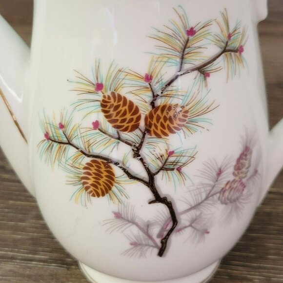 Vintage Pinecone Porcelain Coffee/Tea Pot With Lid, Brown & Gold Tree Branch & - Picture 3 of 13